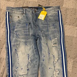 Stylish Blue Distressed Jeans with Side Stripes
